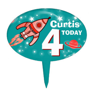 Boys age & named space red birthday cake topper
