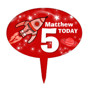 Boys age & named space red birthday cake topper