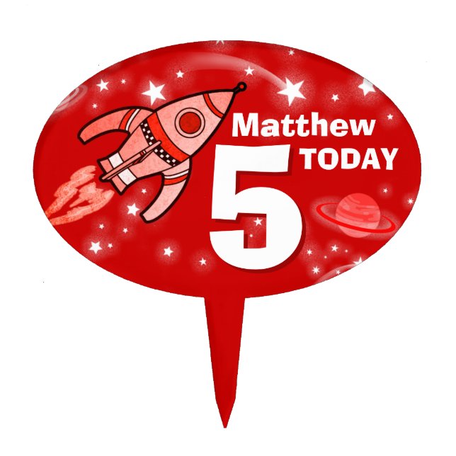 Boys age & named space red birthday cake topper (Front)
