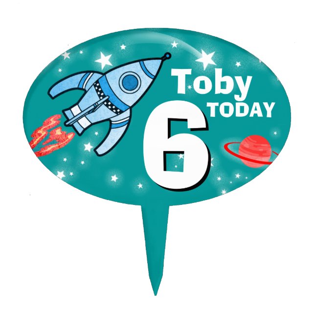 Boys age & named space teal birthday cake topper (Front)