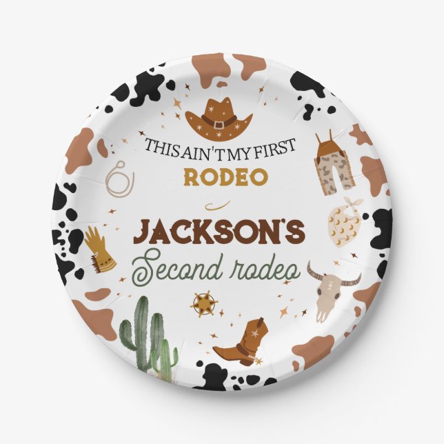 Boys Ain't My First Rodeo Cowboy 2nd Birthday Paper Plates (Front)