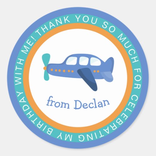 Boys Airplane Name Birthday Thank You Classic Round Sticker