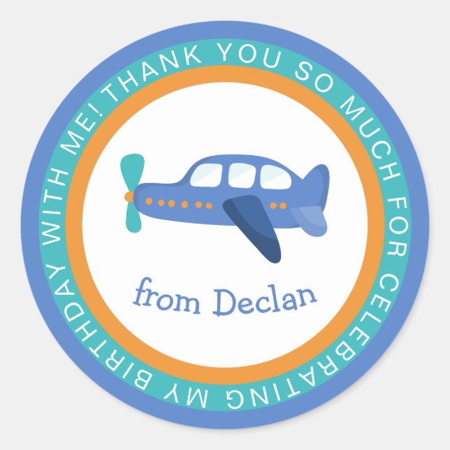 Boys Airplane Name Birthday Thank You Classic Round Sticker (Front)