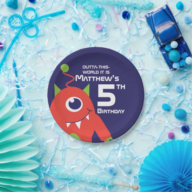 Boys alien 5th birthday customized plate (Party)