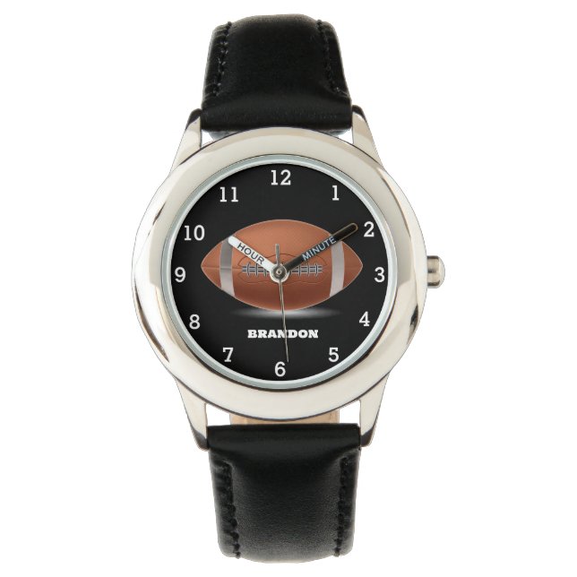 Boys American Football Soccer Ball Black Name Kids Watch (Front)