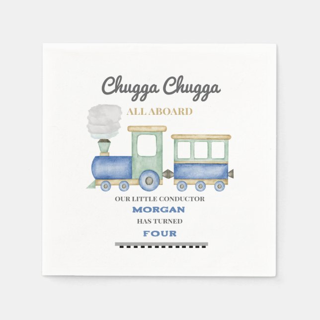 Boy's Any Age Birthday Blue Train Chugga Choo   Napkins (Front)