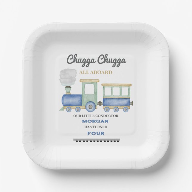 Boy's Any Age Birthday Blue Train Chugga Choo   Paper Plates (Front)