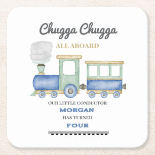 Boy's Any Age Birthday Blue Train Chugga Choo Square Paper Coaster
