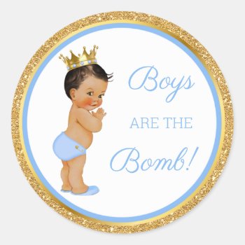 Boys Are The Bomb! Bath Gift Etc Blue Gold Classic Classic Round Sticker by HydrangeaBlue at Zazzle