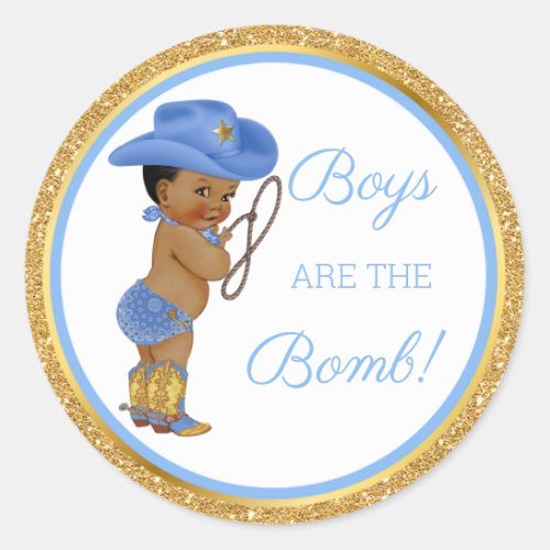 Boys are the Bomb Cowboy Bath Gift Etc Blue Gold Classic Round Sticker