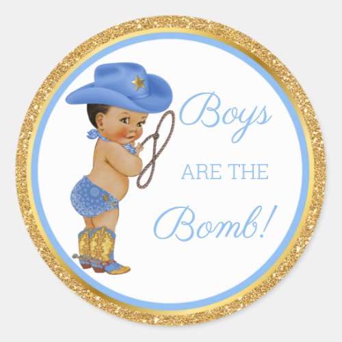 Boys are the Bomb Cowboy Bath Gift Etc Blue Gold Classic Round Sticker