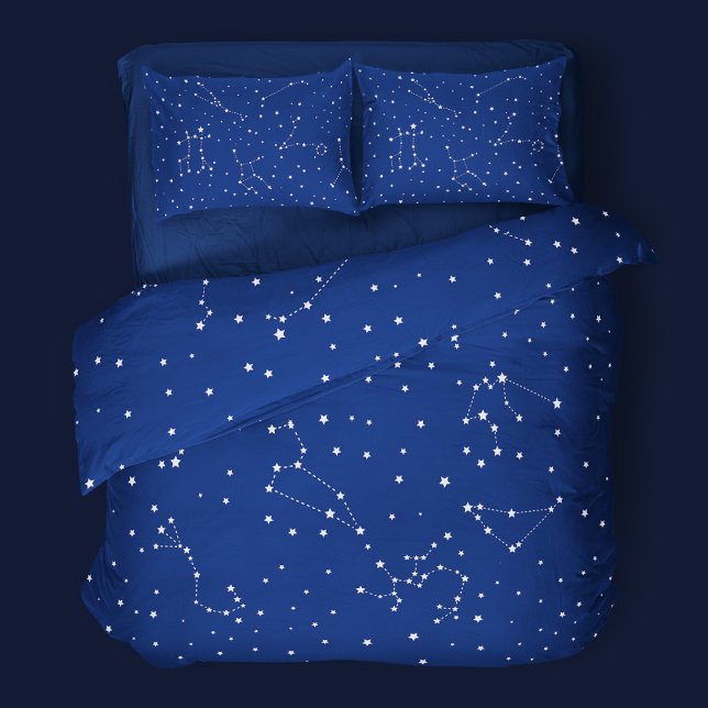 Boys Astrology Blue Star Night Sky Duvet Cover (Mockup of duvet and pillows. For matching pillowcases, visit my store.)