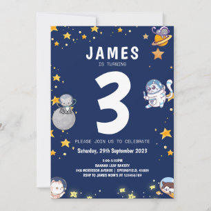 Boys Astronaut Cat Navy Kids Birthday Invitation