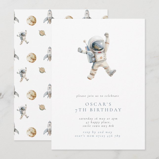  Boy's Astronaut Minimalist Space Birthday Party Invitation (Front/Back)