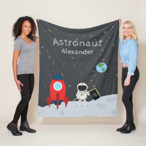 Boys Astronaut on Moon Monogrammed First Name Fleece Blanket