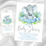 Boys Baby Elephant Baby Shower Invitations<br><div class="desc">Boys elephant baby shower invitations with adorable baby elephant wearing an optional bow tie on a palm leaf background. These elephant baby shower invitations are easily customized for your event by simply adding your event details.</div>