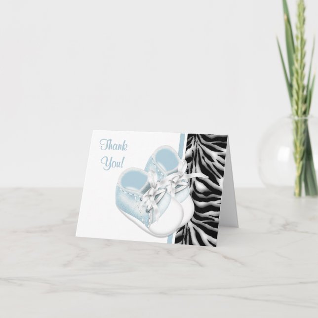 Boys Baby Shoes Blue Zebra Thank You Cards (Front)