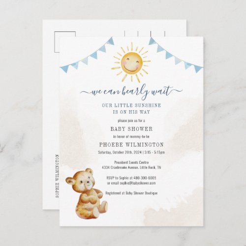 Boys Baby Shower Bear and Sunshine Watercolor Invitation Postcard