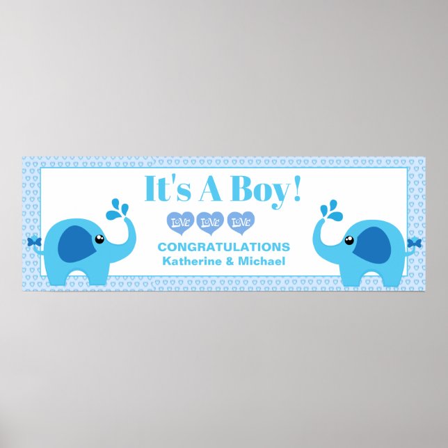 Boys Baby Shower Blue Elephant Party Banner Poster (Front)