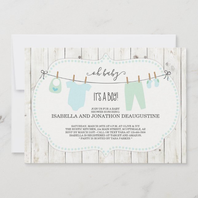 Boy's Baby Shower Invitation | Rustic Clothesline (Front)