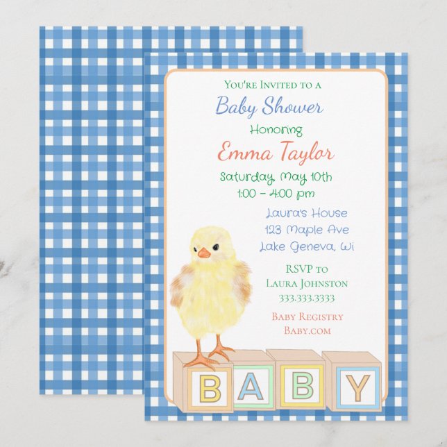 Boy's Baby Shower with Baby Chick and Blocks Invitation (Front/Back)
