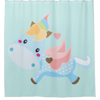 Boys Baby Unicorn Blue Background Shower Curtain