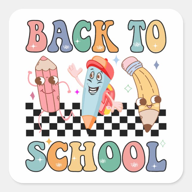 Boys Back to School Pencils Retro Character Cute K Square Sticker (Front)