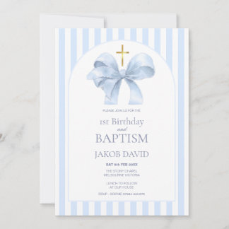 Boy's Baptism and 1st Birthday Blue Stripe Invitation