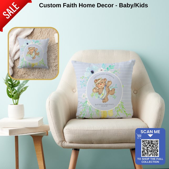 BOYS BAPTISM - BLUE Angel Teddy bear Personalized Throw Pillow (Creator Uploaded)