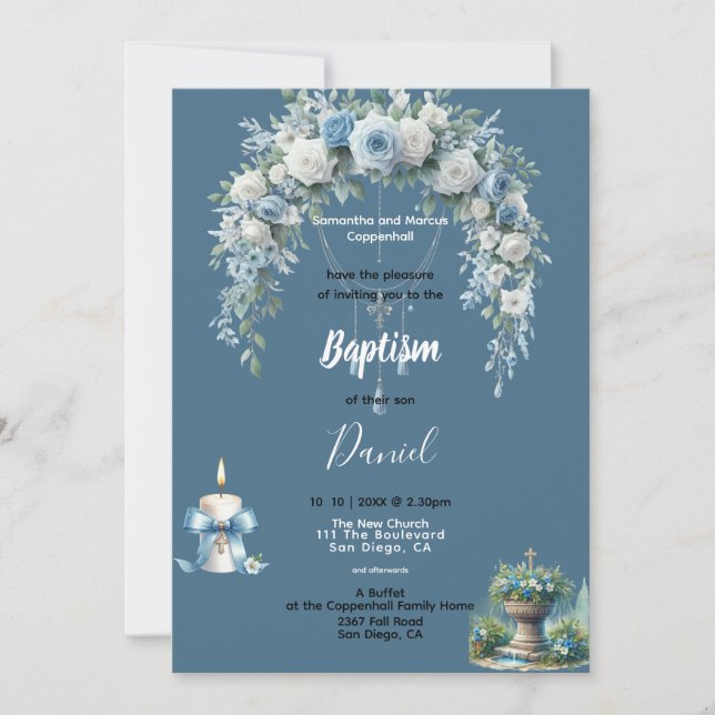Boy's Baptism Blue Floral  Invitation (Front)
