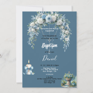Boy's Baptism Blue Floral Invitation