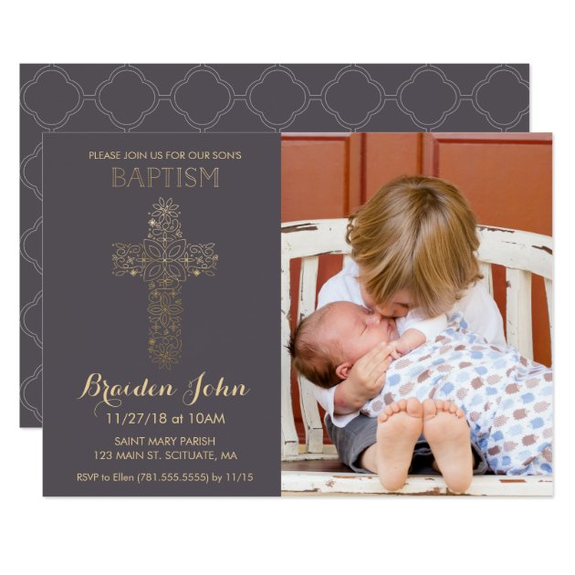 Boy's Baptism, Christening Invitation, Photo, Gold Card