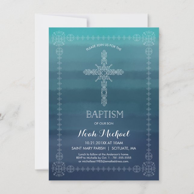 Boys Baptism, Christening Invitation with Cross (Front)