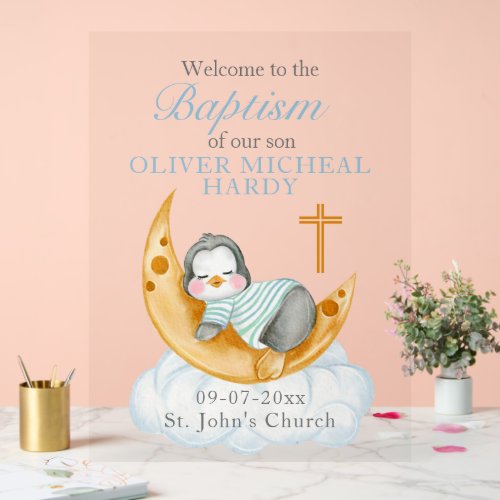 Boys Baptism Christening Welcome Baby Penguin Acrylic Sign