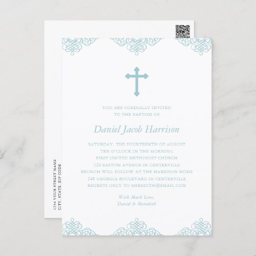 Boys Baptism Elegant Blue  White Invitation Postcard