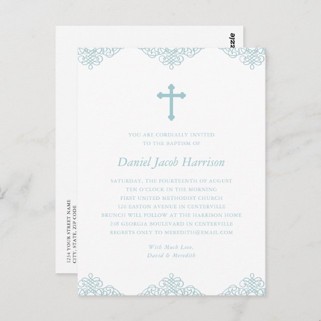 Boys Baptism Elegant Blue & White Invitation Postcard (Front/Back)