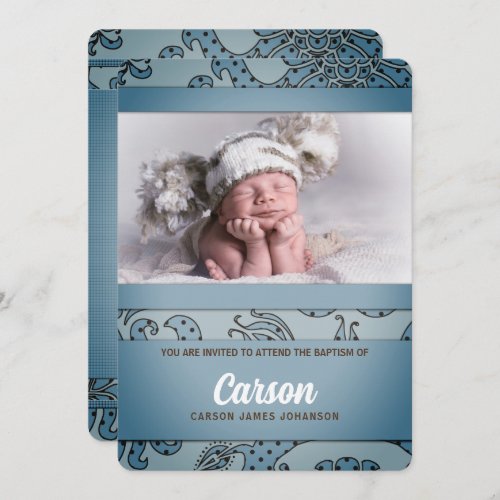 Boys Baptism in Blue and Brown Vintage Floral Invitation