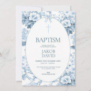 Boys Baptism Invitation Blue Vintage Floral Toile