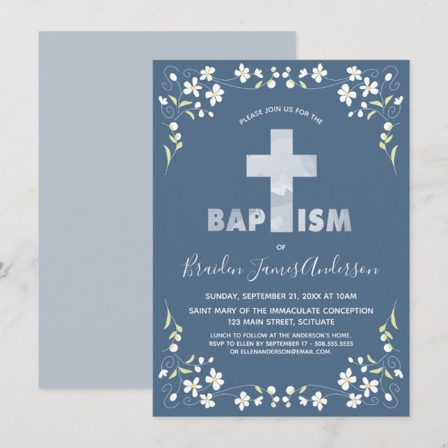Boy's Baptism Invitation - Blue, Watercolor Cross (Front/Back)
