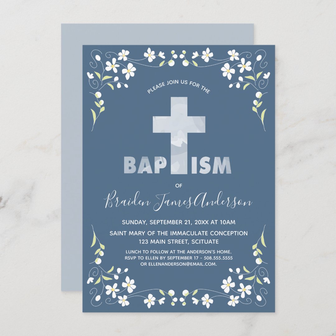 Boy's Baptism Invitation - Blue, Watercolor Cross | Zazzle