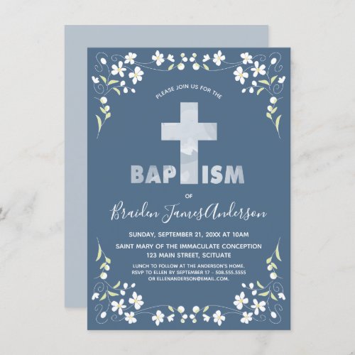 Boys Baptism Invitation _ Blue Watercolor Cross
