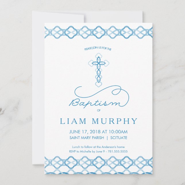 Boy's Baptism Invitation - Fancy Blue Cross - 5x7 (Front)