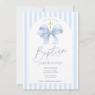 Boys Baptism Invitation, Modern Blue Bow & Stripe Invitation