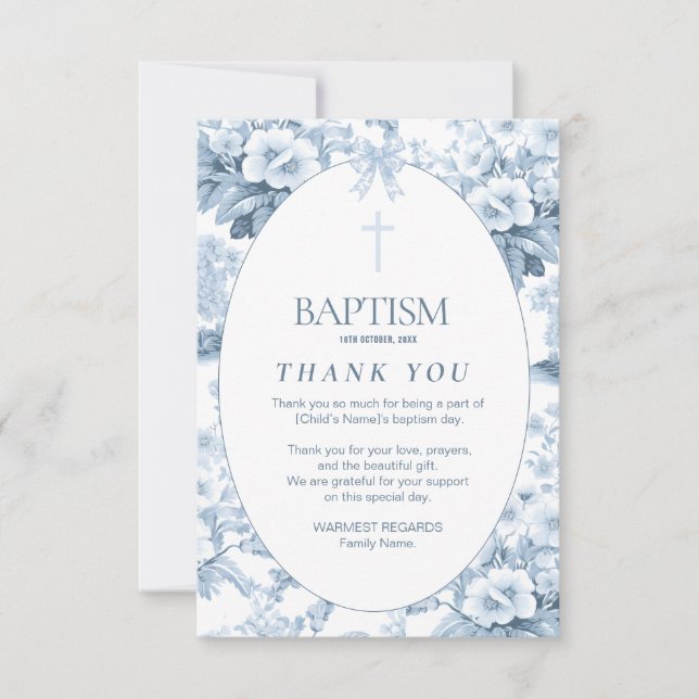 Boys Baptism Thank You Card, Blue Vintage Floral Card (Front)