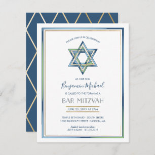 Boy's Bar Mitzvah Invitation; Star of David, Gold Invitation