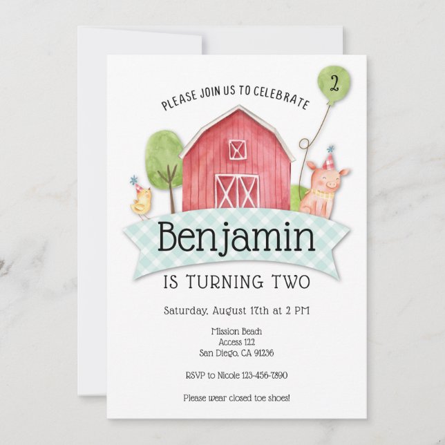 Boys Barnyard 1st birthday invitation (Front)