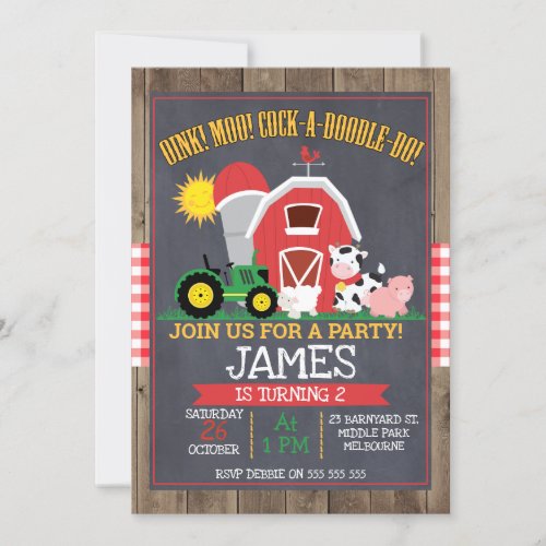 Boys Barnyard Chalkboard Birthday Invitation