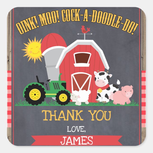 Boys Barnyard Chalkboard Birthday Square Sticker (Front)