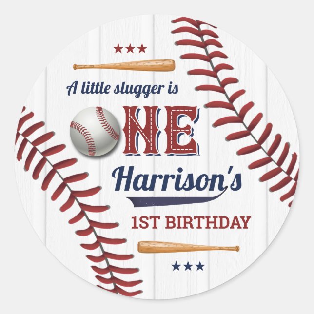 Boys Baseball 1st Birthday Classic Round Sticker (Front)