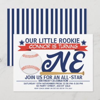 Boy's Baseball 1st Birthday Party Invitation